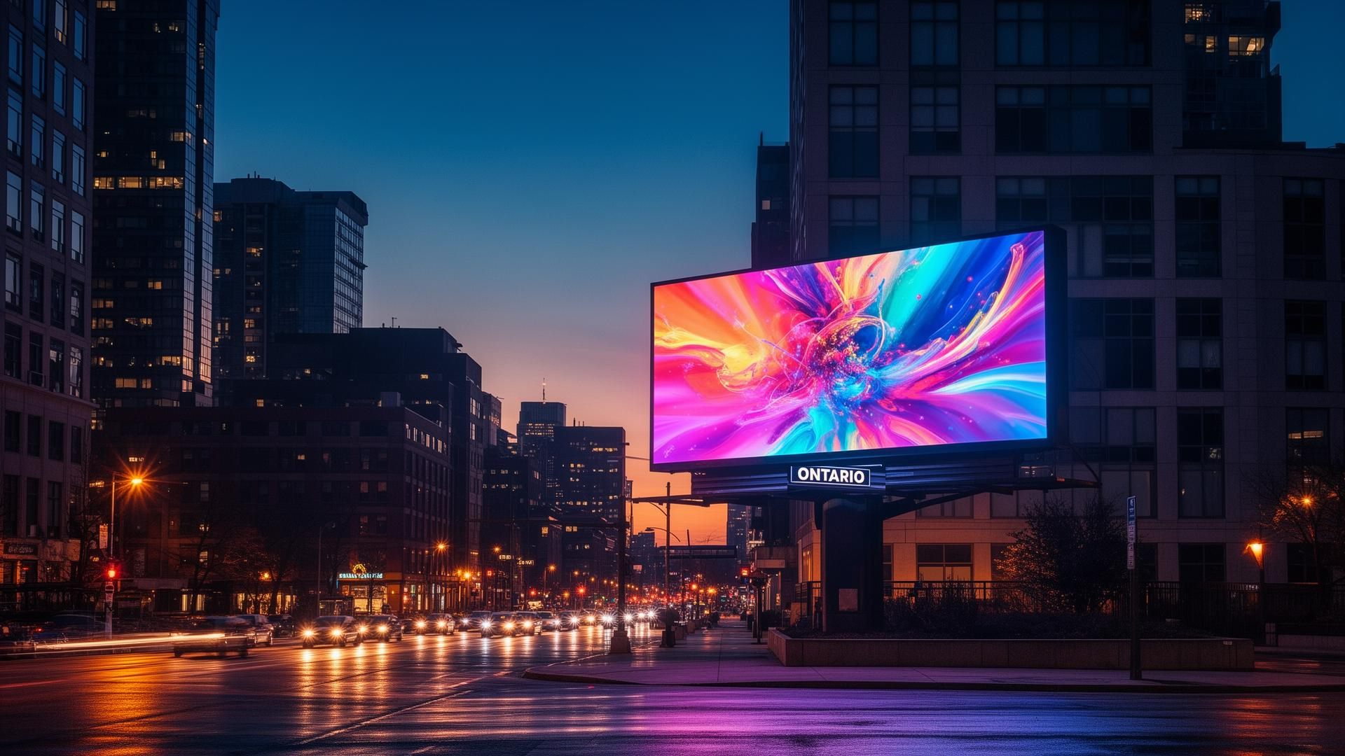 A digital billboard lit at dusk above a city street.